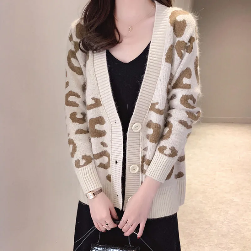 Ohryiyie высококачественный Женский Теплый кардиган-пальто свитер Леопардовый принт длинный рукав трикотаж Верхняя одежда, джемпер уличная
