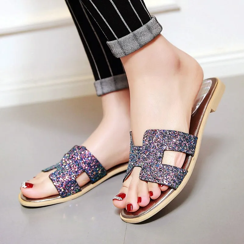 

ASILETO Women Sandals Ladies Summer shoes sequines Flat Sandals for women Casual slides outdside flip flops sandalias pantoufle