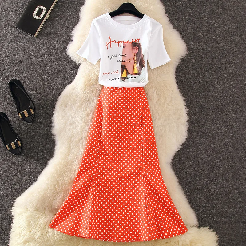 

HAMALIEL New Fashion Women 2 PCS Print Letter Pattern Character Tshirt+ Print Polka Dot Ruffles Bodycon Mermaid Midi Skirt Suits