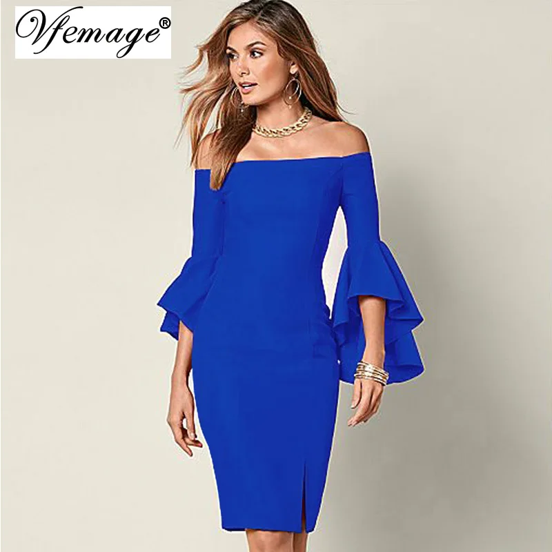 

Vfemage Women Elegant Flare Trumpet Sleeve Sexy Off Shoulder Front Slit Sheath Fashion Slim Casual Party Club Bodycon Dress 6440