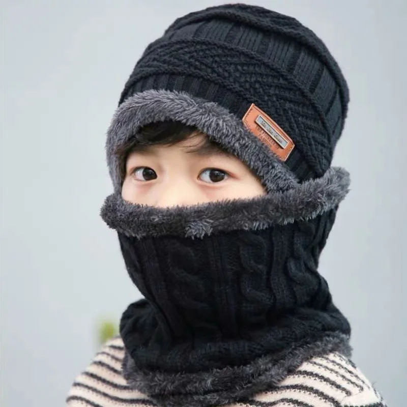 Детская шапка из шерсти и флиса, осенне-зимняя теплая шапка с защитой ушей, шарф, два комплекта, модный шарф для мужчин и девочек