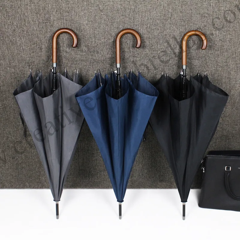 3pcs/lot Long-handle auto open 70T wooden classical business gent's umbrellas anti-thunder fiberglass outdoor commercial parasol