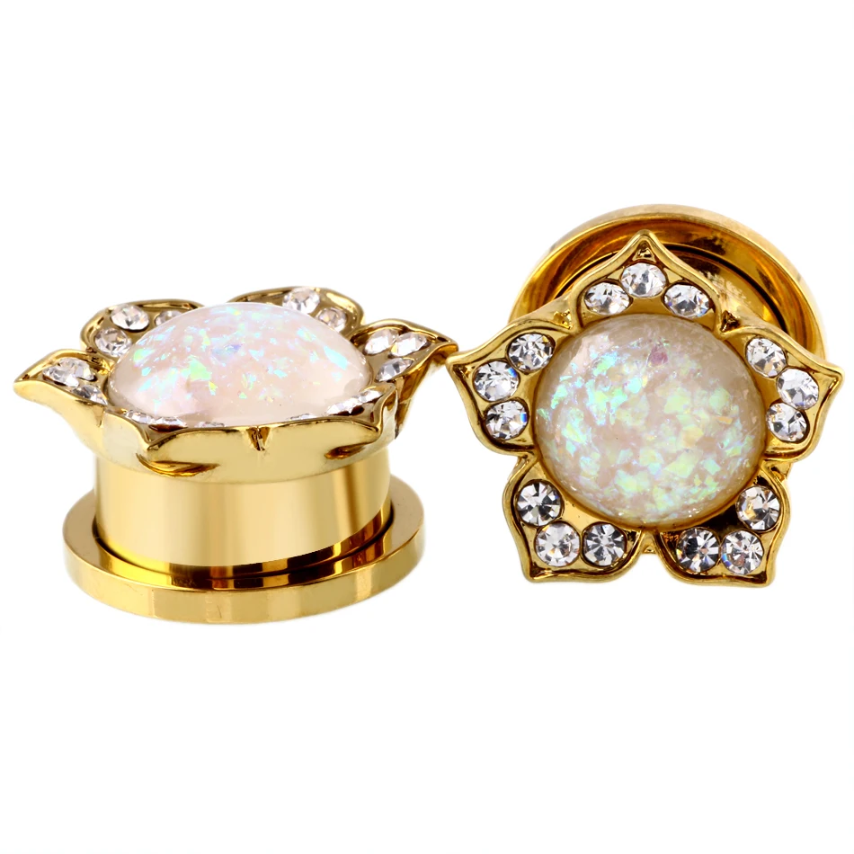 

2PCS Steel Fashion Gold Ear Plugs Tunnels Opal Earrings Piercing Gauges Screw Fit Plug Ears 8mm 10mm 12mm 14mm 16mm Body Jewelry