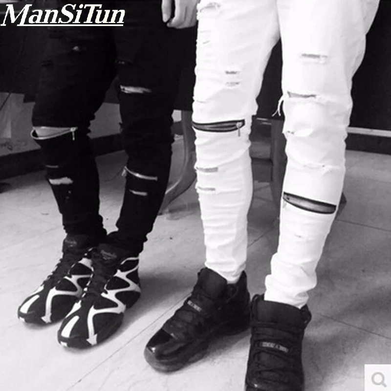 Kanye West Ripped Jeans For Men Skinny Distressed Slim Famous Brand Designer Hip Hop Swag Hype White Black Slim Jean