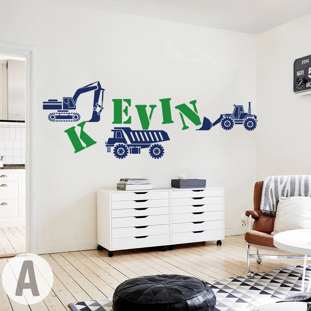 Custom Name Construction Truck  Bulldozers Wall Sticker Boy Room Bedroom Personalized Name Construction Crane Wall Decal Vinyl  (7)