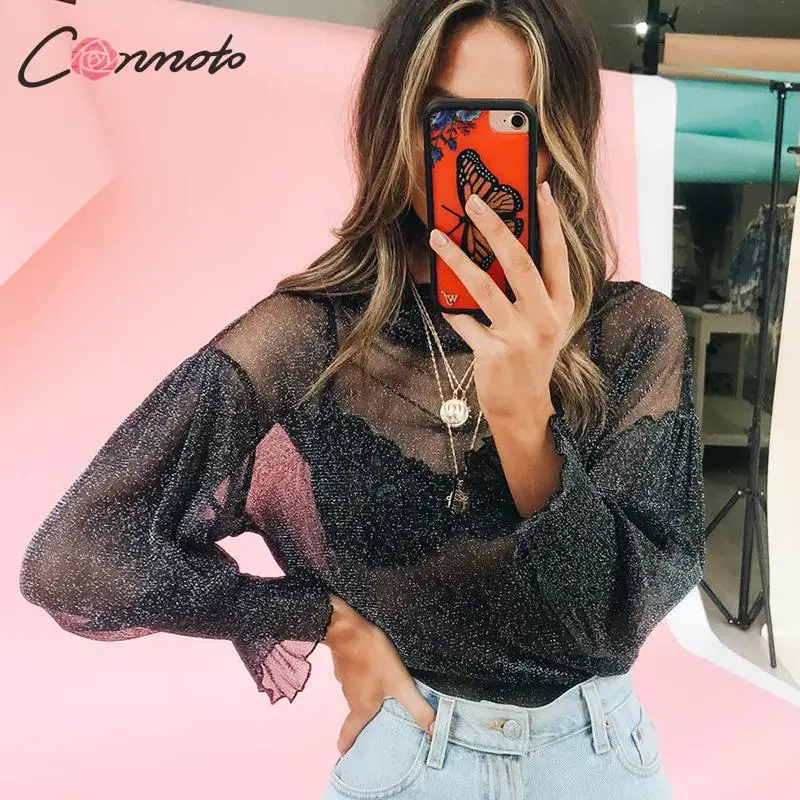 

Conmoto Women Mesh Tops and Shirt 2019 Autumn Winter Lantern Sleeves Sequin Turtleneck T-Shirt Female Sexy See Through Blusa