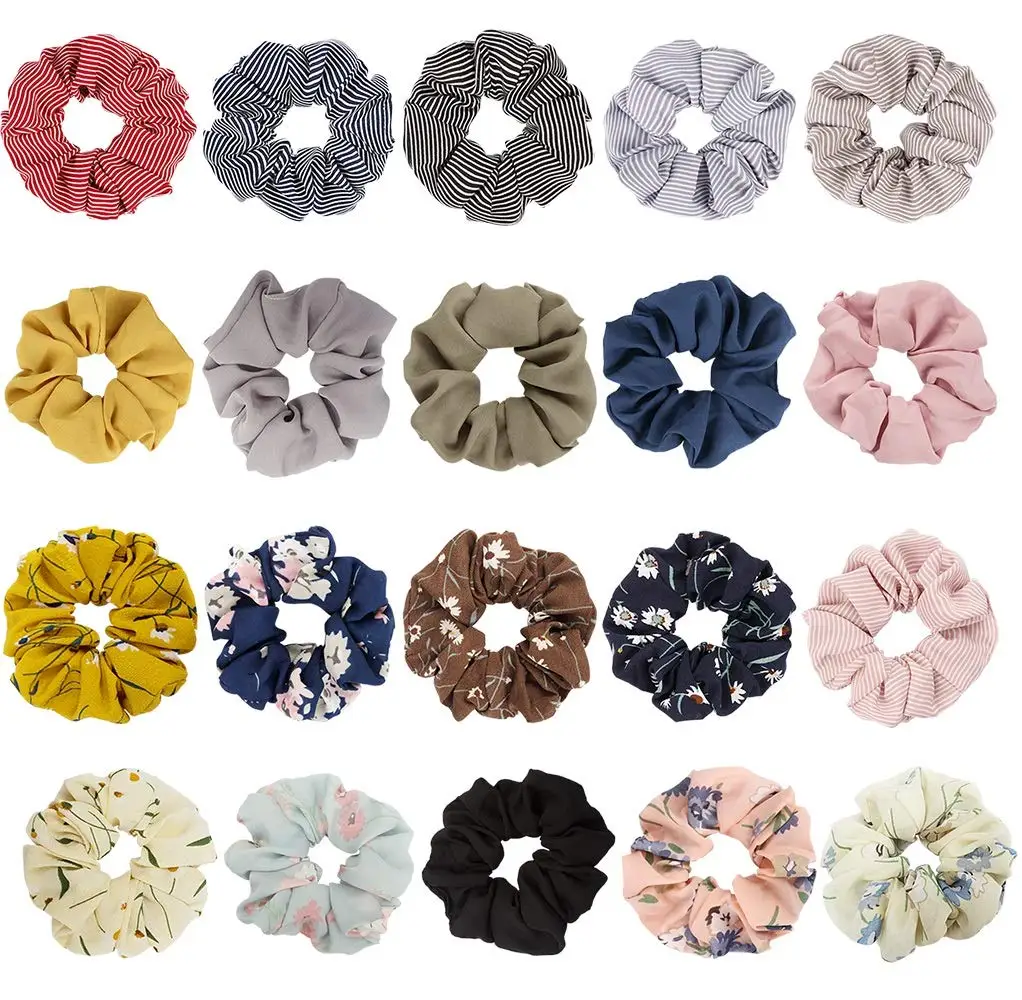

20PCS Chiffon Flower Hair Scrunchies Solid Hair Ponytail Holder Plaid Color Scrunchie For Women and Girls