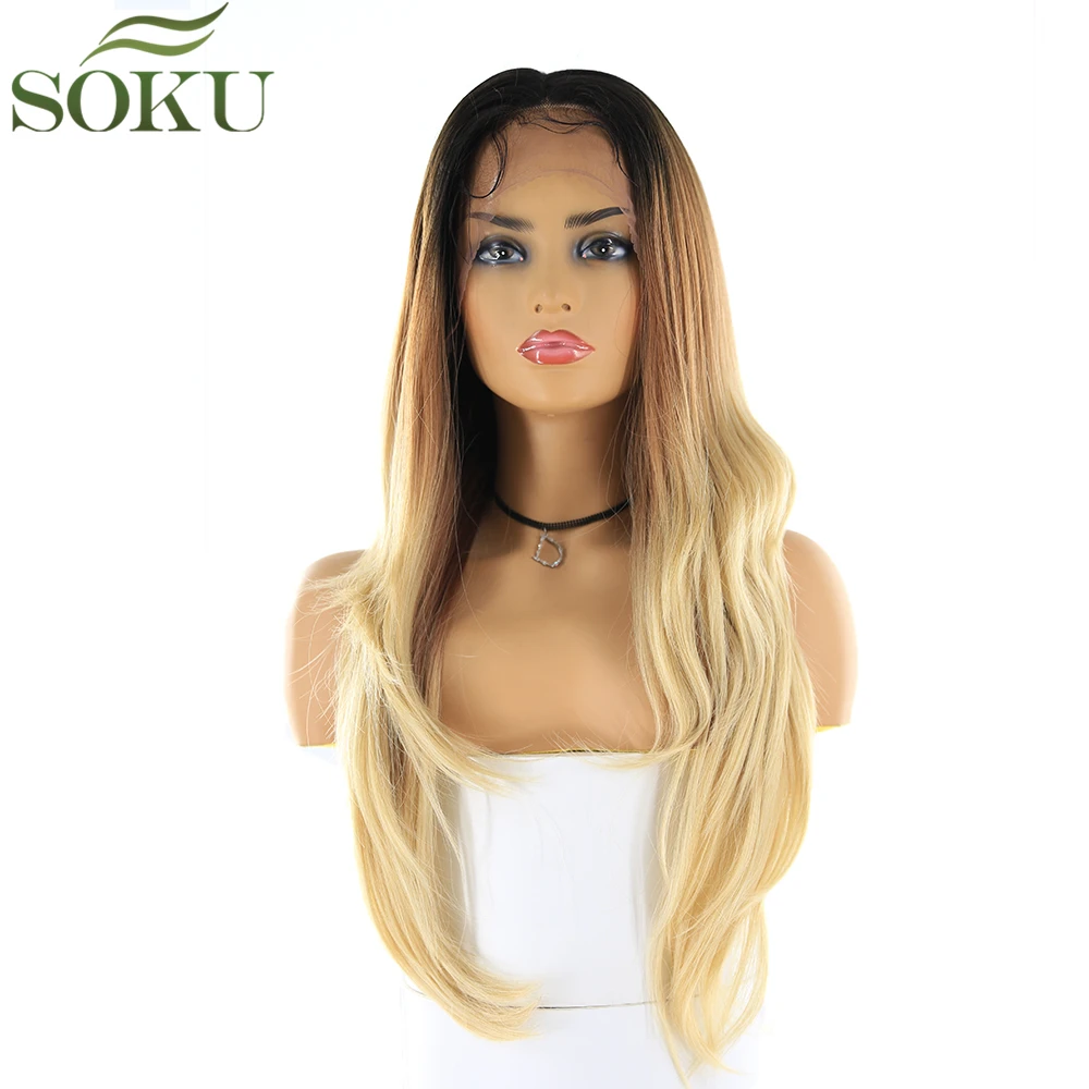 

SOKU Synthetic Free Part 13*4 Lace Front Wigs 26 Inch Straight Wig 150% Density Dark Root Brown Blonde Color Wig For Women