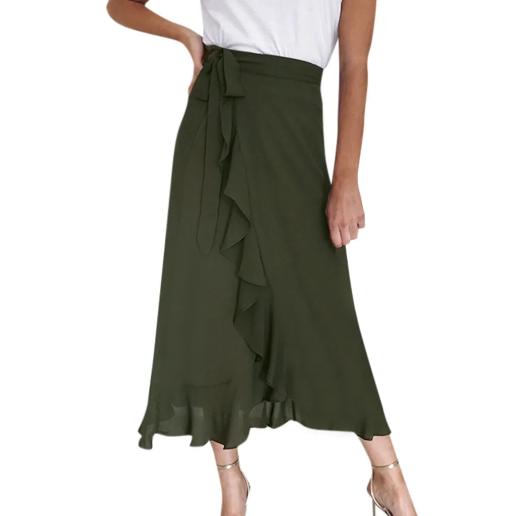 Женская Повседневная летняя богемная однотонная пляжная длинная юбка макси с высокой талией и рюшами 2019 Новое поступление #20