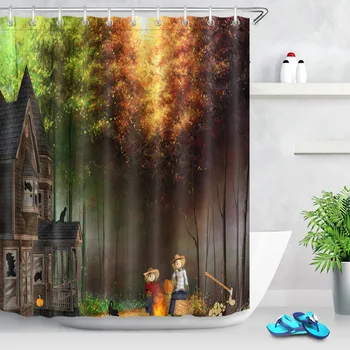 

LB 72''Pumpkin Forest Bat Scarecrow Shower Curtains Scary Halloween Bathroom Curtain Washable Polyester Fabric for Bathtub Decor