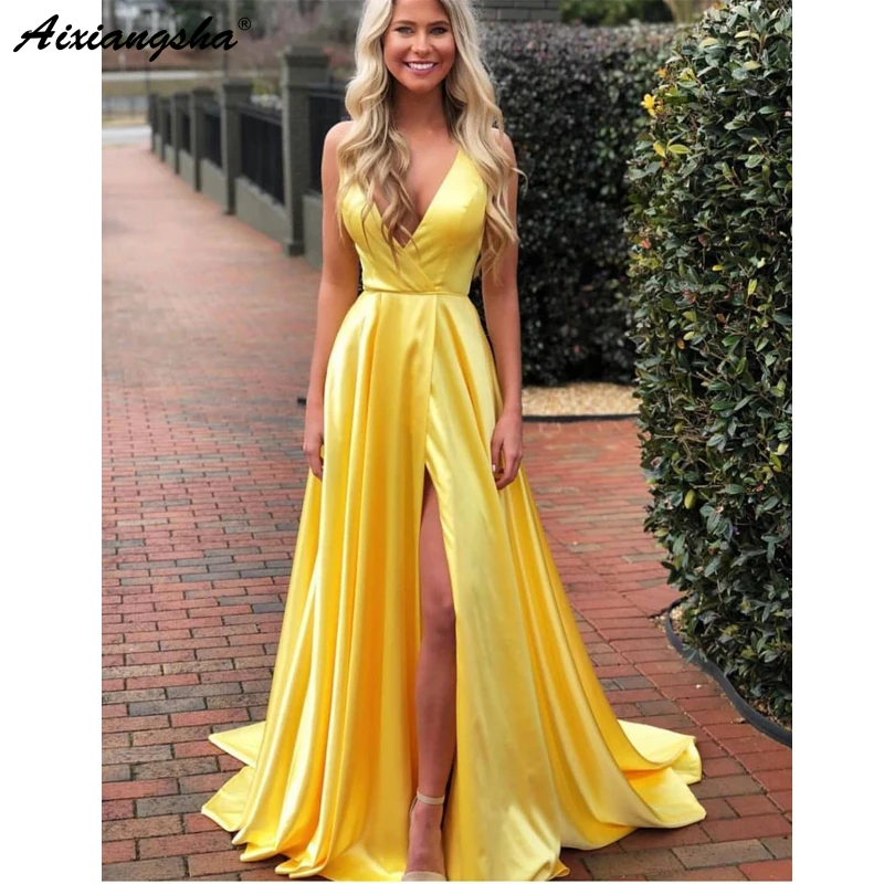 

Simple A Line Prom Dress 2019 Deep V Neck High Slit Long Evening Gowns For Women Plus Size Gala Floor vestidos de fiest Length