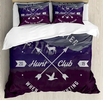 

Hunting Decor Duvet Cover Set Grunge Hunt Club Emblem with Arrows Motivating Quote Mountains Backdrop Decor 4 Piece Bedding Set