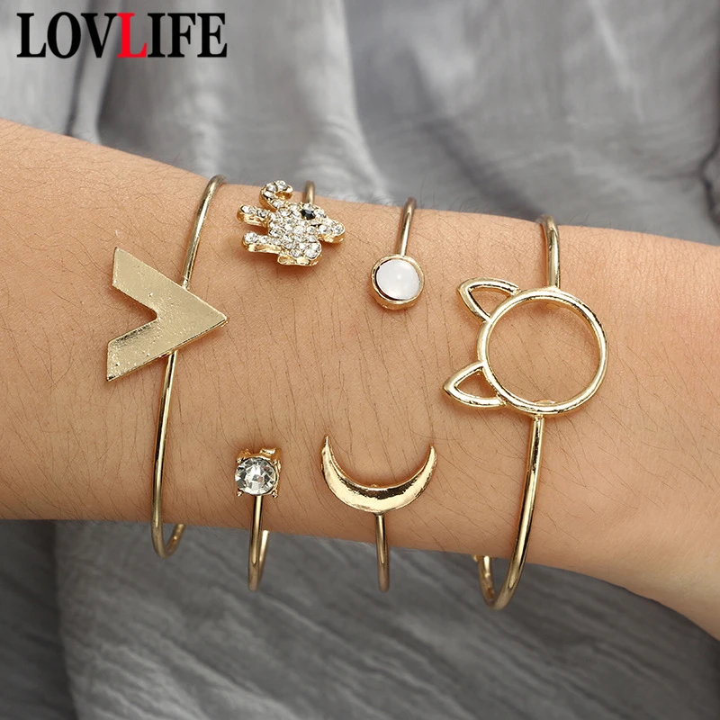 

4pcs/set Fashion Golor Color Alloy Crystal Cute Cat Elephant Triangle Moon Bracelet Sets Women Bracelets Set Open Adjustable
