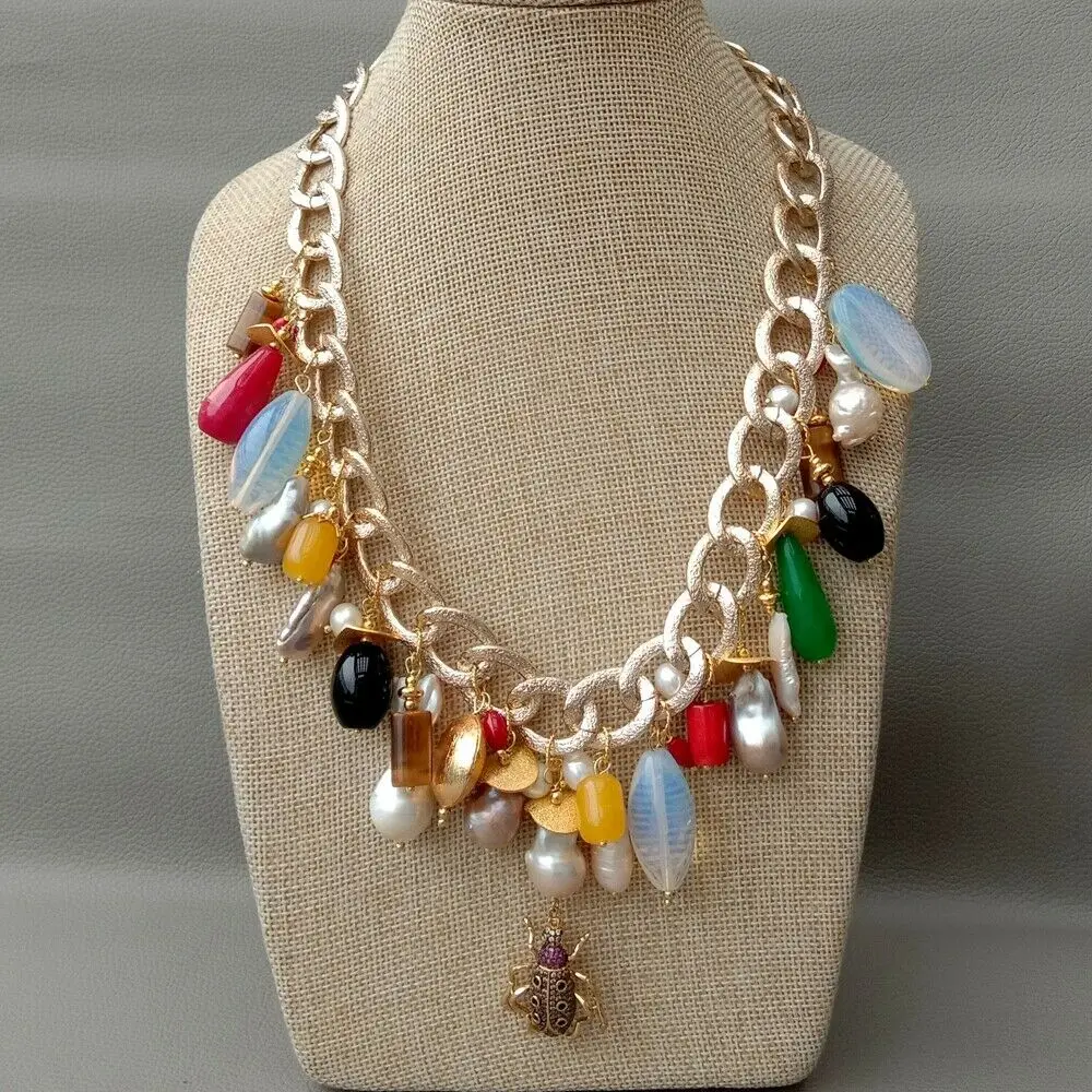 

Multi Gems stone White Keshi Pearl Chain cluster necklace 20