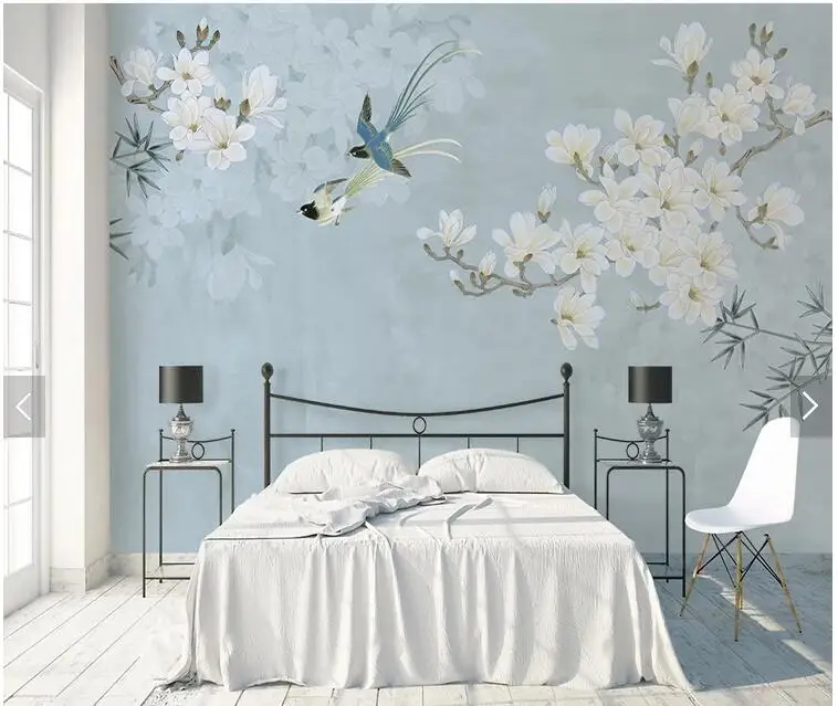 Пользовательские цветочные обои, цветок магнолии и птица Фреска для гостиной спальни диван фон домашний декор papel де parede