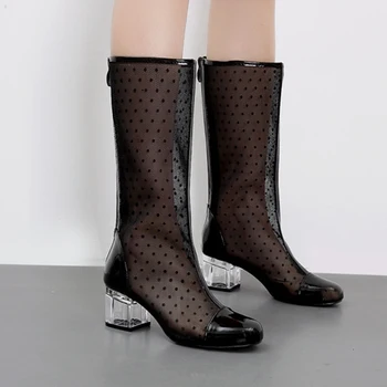 

Vogue Polka Dot PVC Knee Boots Sandals Sexy Black Lace Gladiator Sandals Women Transparent Heel Sandals Shoes SWC268