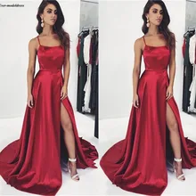 Vintage rojo oscuro árabe Prom vestidos 2019 Spaghetti Simple reflectante fiesta vestido con abertura larga personalizado vestidos de cerimonia