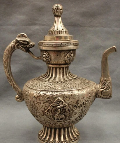 

S07177 13" Chinese Silver Animal Dragon Beast Head Statue Flower Teapot Wine Pot Flagon