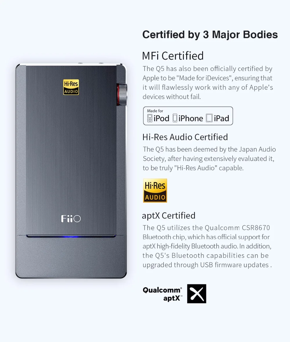 Бренд Новое поступление FIIO Q5 флагманский Bluetooth и dsd-способный Портативный Hi-Fi усилитель DSD декодер MFi USB звуковой усилитель DAC