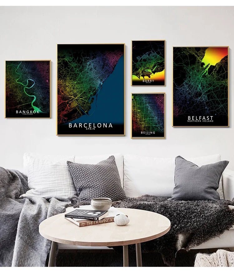 

Bangkok Bangkok Barry Beijing Belfast Belgrade Rainbow City Map Art Canvas Poster Prints Home Wall Decor