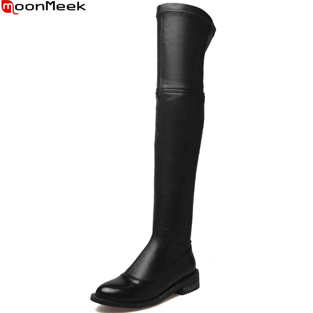 Kopen MoonMeek zwarte mode nieuwe komen vrouwen laarzen ronde neus rits dames lederen + flock laarzen sexy over de knie laarzen