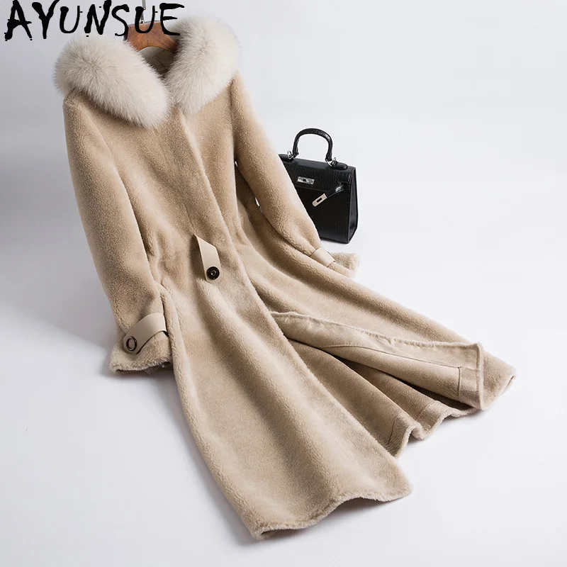 

AYUNSUE Real Fur Coat Women Winter Jacket Sheep Shearing Wool Coat Female Long Fox Fur Collar Hooded Manteau Femme Hiver KJ1032