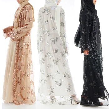 

Plus Size 2018 Summer Abaya Dubai WomenSexy lace Sequin Mesh Kimono Cardigan Muslim Hijab long Dress Turkish Islamic Maxi Robes