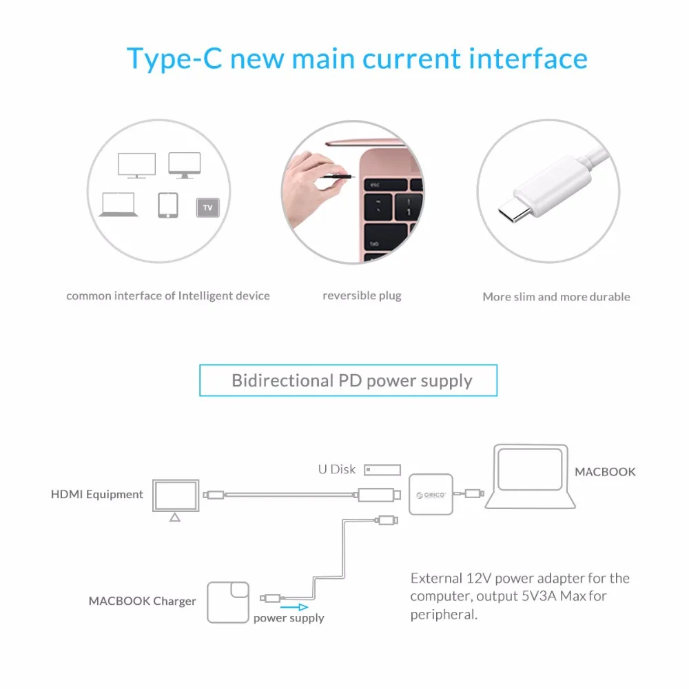 ORICO алюминиевые док-станции для ноутбука TYPE-C-TYPE-C HDMI конвертер для нового Macbook ноутбука Настольный ПК с 3 USB3.0 концентратор