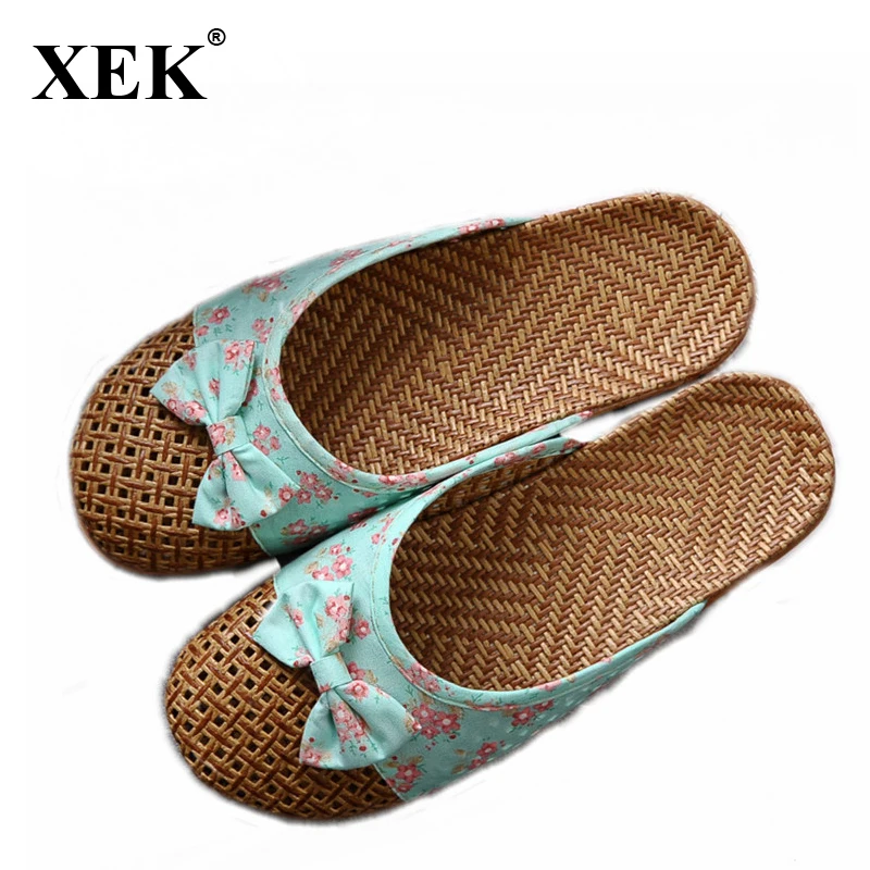 XEK New Women' Flat Slippers Linen Home Slippers Female Bathroom Slippers Indoor 2018 Summer 
