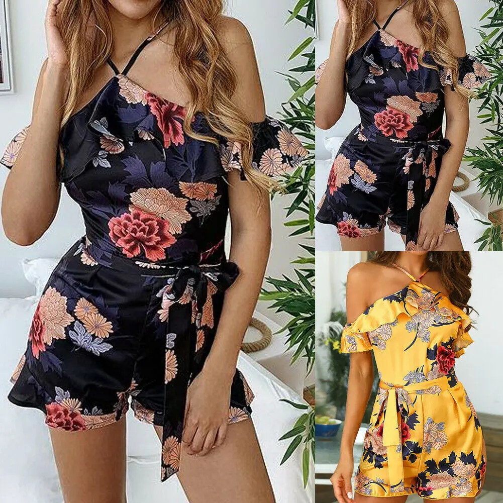 Пикантные Для женщин леди Цветочный принт Boho Playsuit комбинезон летние прелестные модные туфли слинг праздник пляжные повседневные Мини-шорты