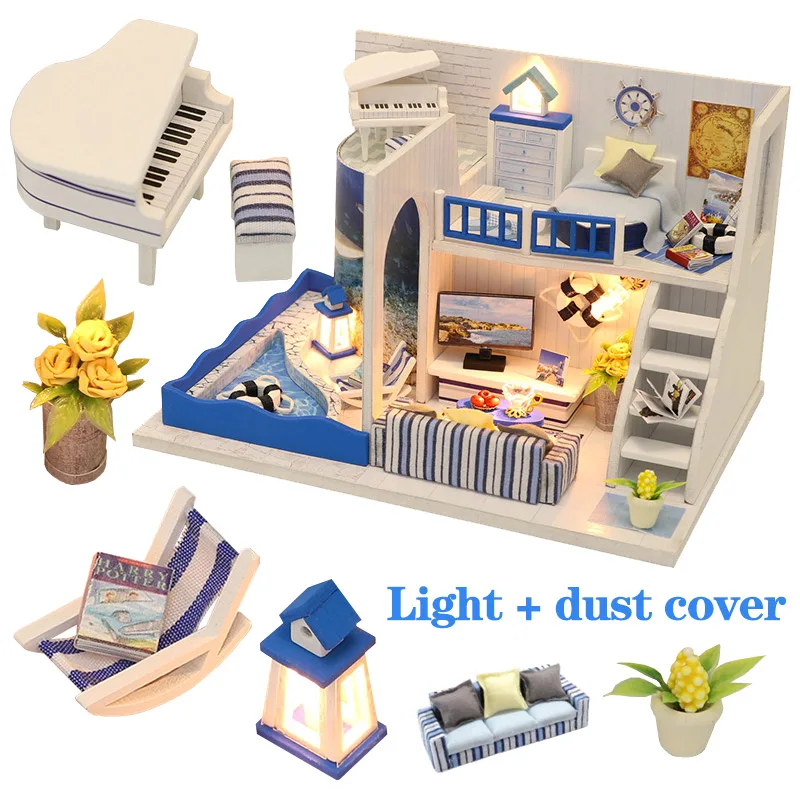 

DIY Doll House Miniature Dollhouse With Furnitures Wooden House Sound of the Sea Mini HouseToys For Children Birthday girl Gift