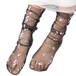 Женские кружевные носки сетчатые ажурные Цветочные вышитые короткие Чулочные изделия Цветочные Мягкие носки