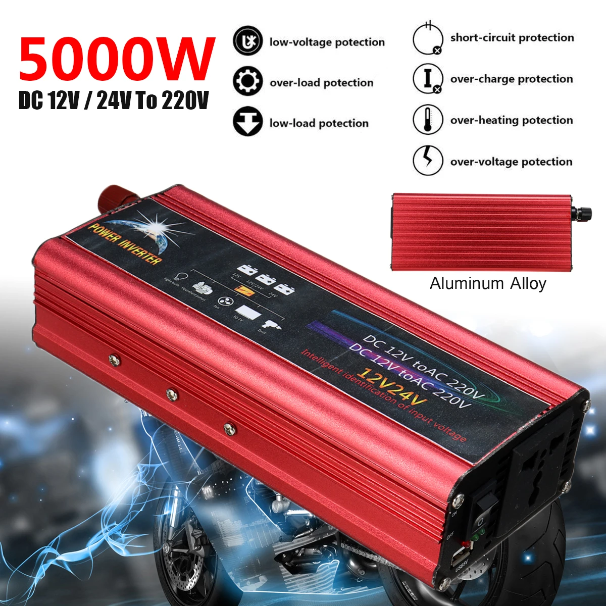 

Modified Sine Wave Power Inverter P EAK 5000W DC12/24V To 220V Voltage Transformer Car Charger Converter Intelligent Protection