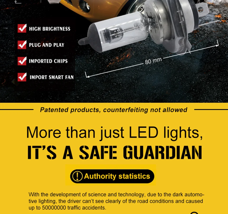 LED Car Lights H1 H4 H7 H11 9005 9006 Auto Headlamp Bulbs 12V 24V Cars Headlights 80W CREE LED Chips 6000K White Lamp (2)