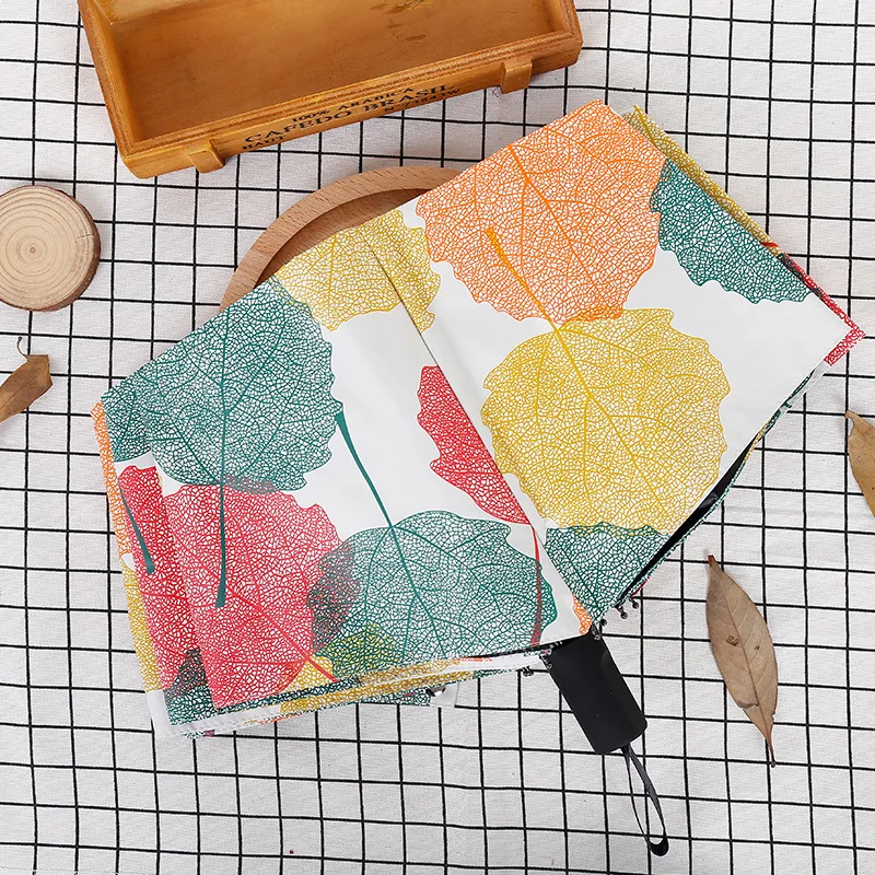 

190T Three Folding Rain Umbrella Gift For Women Colorful Maple Leaf Print UV-protection Sunshade Parasol With Black Glue YJ032