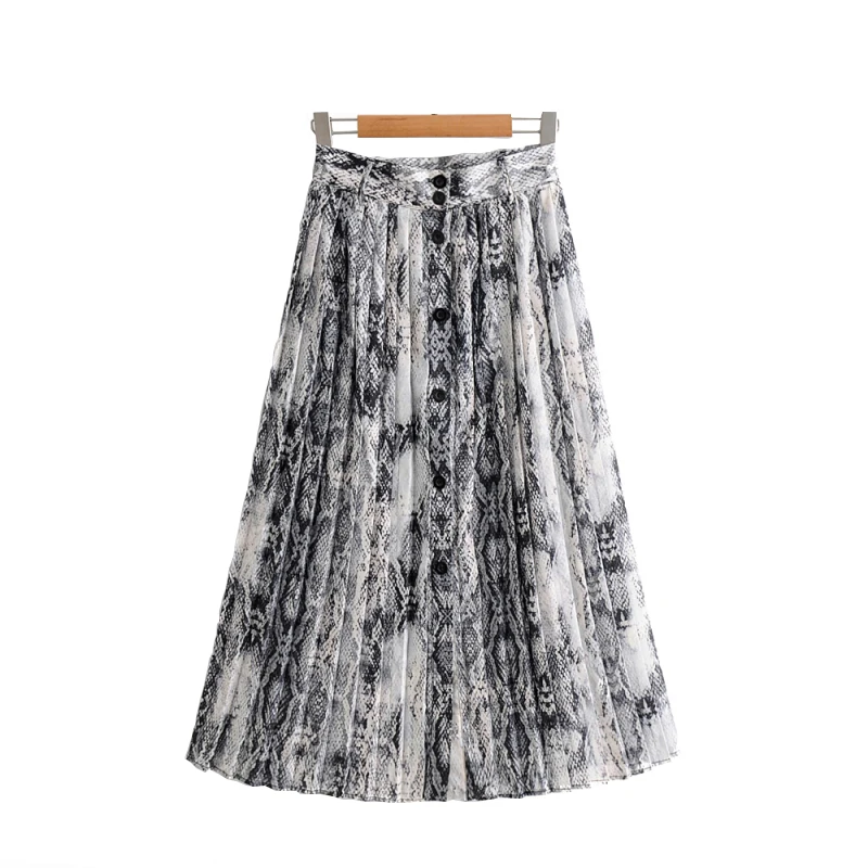 

Women Stylish Snake Print Vintage Skirts for Ladies Buckle Pleated Rock Skirt High Waist Animal Printed Streetwear Boho Faldas