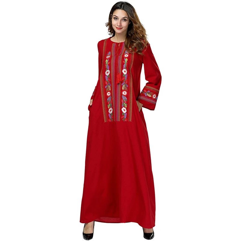

2019 Embroidery Women Muslim Abaya Dress Elegant Club Party Red Women Muslim Dress Dubai Turkey Islamic Clothing Caftan Marocain