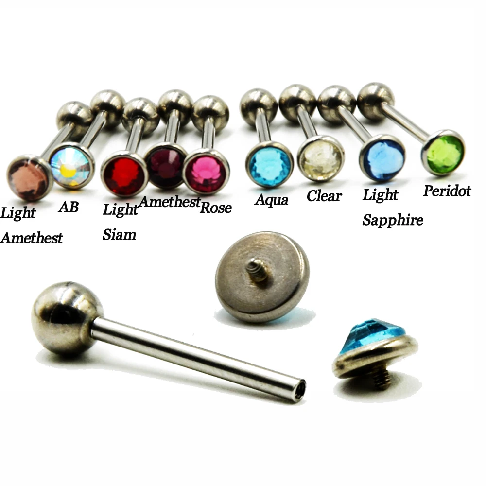 

1PCS Fashion Flat CZ Gem Tongue Barbell Ring Piercing With Screw Fit Internally Thread Piercing Body Jewelry