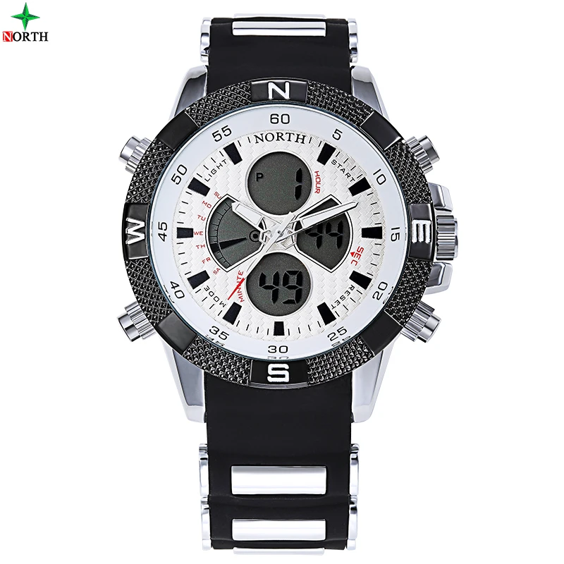 NORTH Male Sport Wristwatch 2016 Casual Silicone Strap LED Digital Analog Watch Military Waterproof Quartz Round