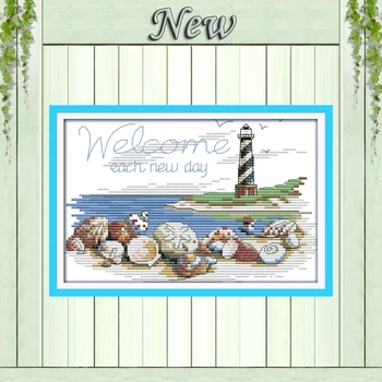 

Shells of the lighthouse Scenic painting,pattern printing on cloth DMC 14CT 11CT DIY Cross Stitch Needlework kits Embroidery Set