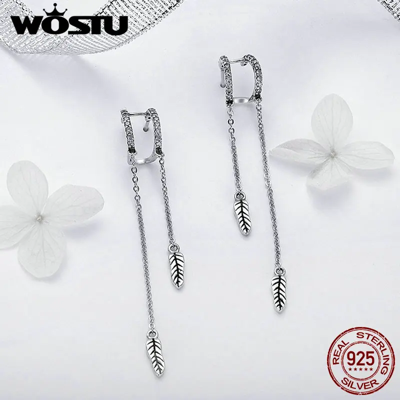 

WOSTU Authentic 100% 925 Sterling Silver Feather Long Drop Earrings Clear CZ Fashion Women Wedding Earrings Jewelry Gift FIE398