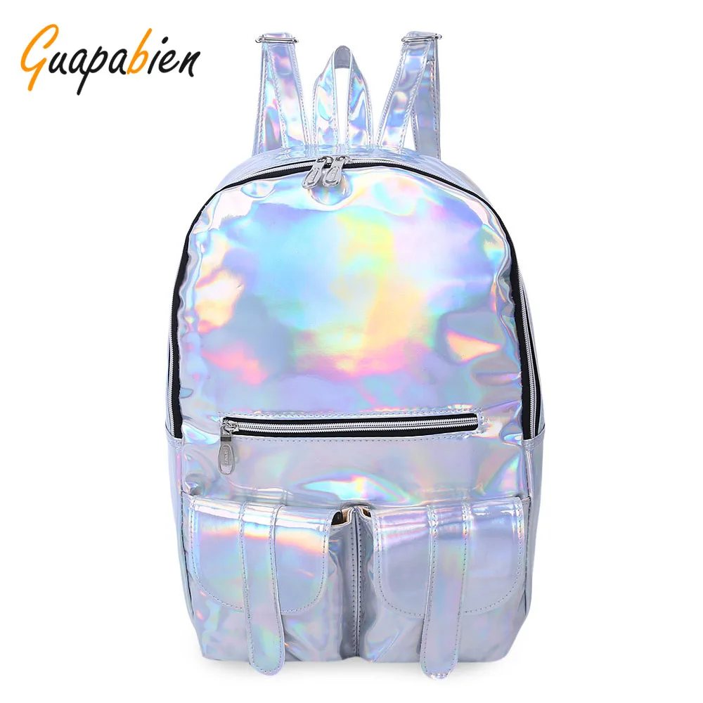 

Guapabien Silver Gold Purple Hologram Laser Backpack Bling PU Leather Women Men's School Travel Book Bags Preppy Laser Backpack