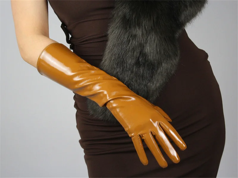 Лакированные кожаные перчатки женские ярко-красные длинные ПУ имитация кожи Яркие Кожаные зеркальные Модные женские модели 40 см T77