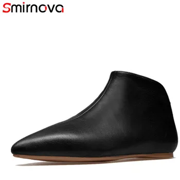 

Smirnova 2018 new ankle boots fashion black white pointed toe high quality genuine leather boots women winter boots SIZE 33-43