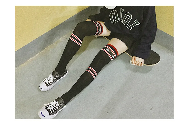 Японские сексуальные чулки для женщин длинные носки полосатые звезды выше колена носки хлопок инопланетянин бедра высокие носки женские уличные