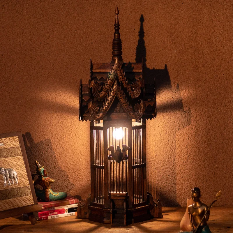 Southeast Asia table lamp solid wood creative personality birdcage table lamp antique lighting decoration Southeast Asia table lamp solid wood creative personality birdcage table lamp antique lighting decoration