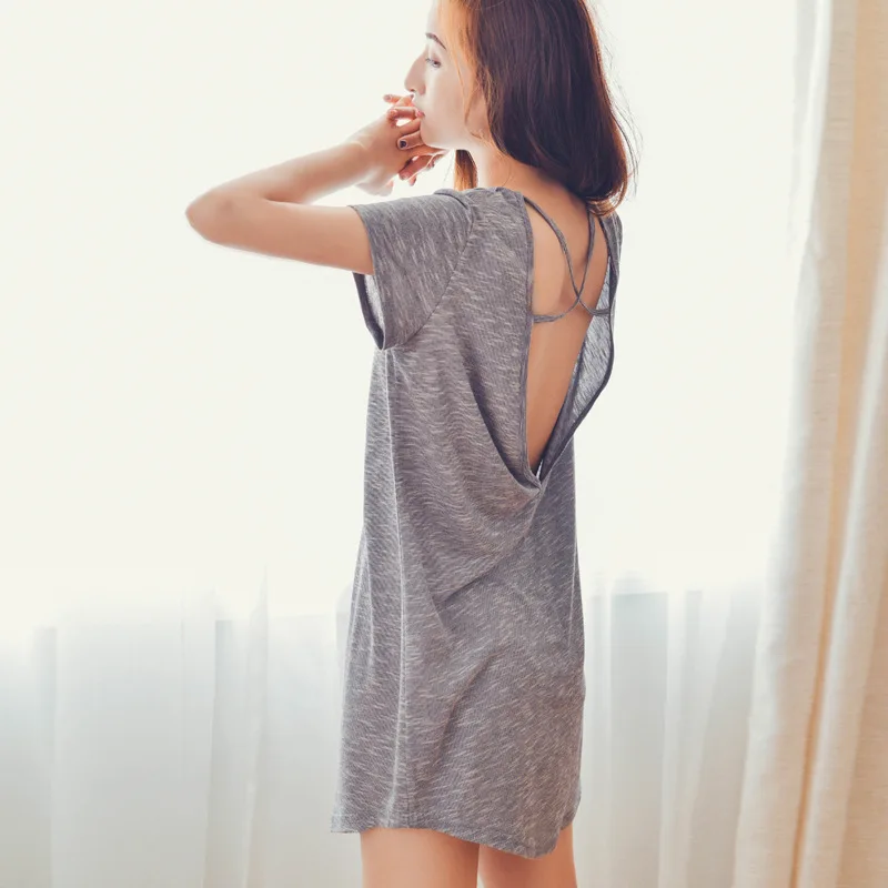 

Summer Short-sleeved Pyjamas Sexy Woman with Open Back V Collar Night Gown Sleep Dress Beautiful Nightgown Home Dress Sleepwear