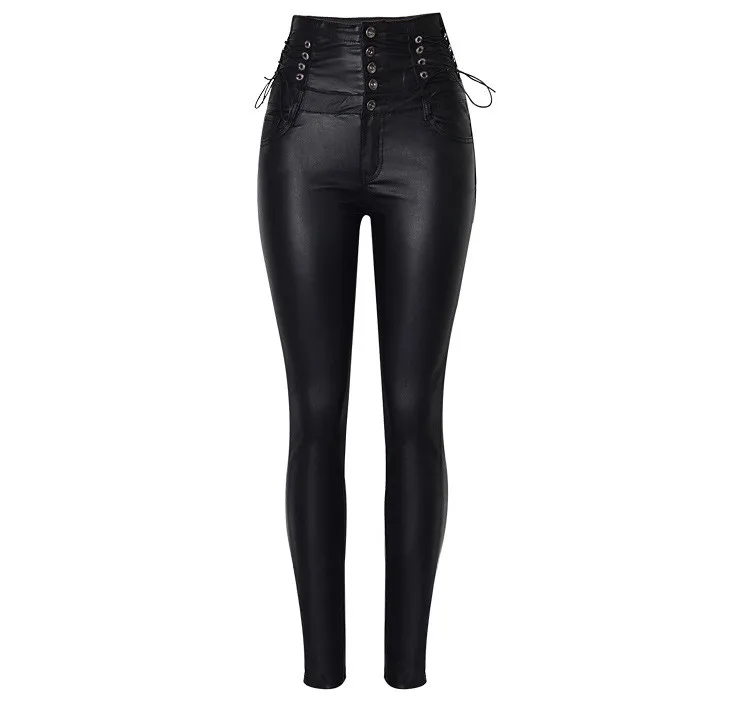 Stretch jeans stretch jeans for women's wear ultra high waist strap decorative coating leather stretch jeans PU large size (6)