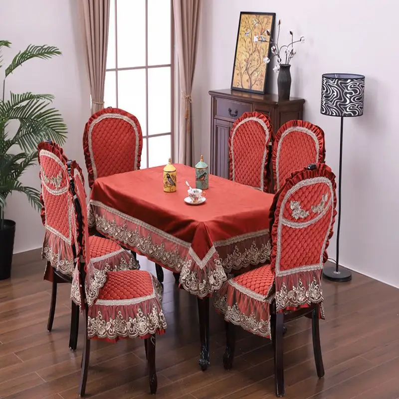 

Red Coffee Luxury Lace Floral Printing Tablecloth Set Suit Rectangle 130x180cm Table Cloth European 2 types Matching Chair Cover