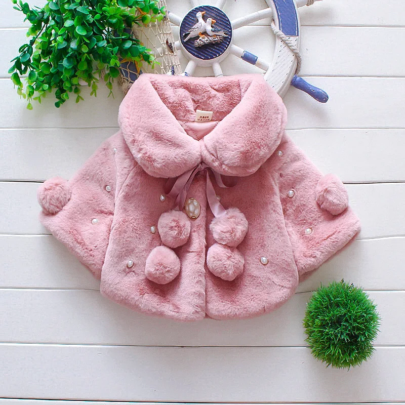 

886629 New Fashion Fur ball bead winter Coat imitation furry Overcoat child thickening shawl Girl Furry cloak